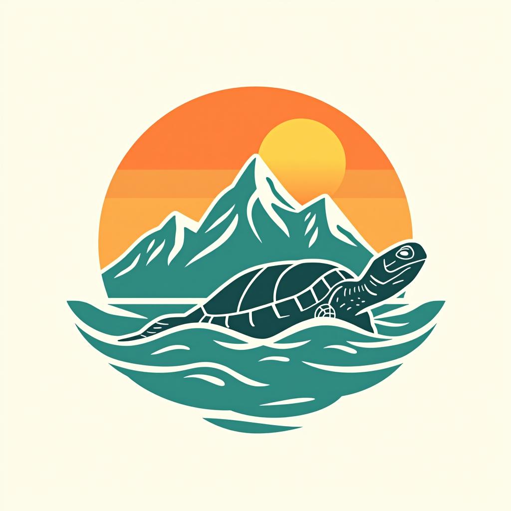  design a logo, haz un logo para viajes y full days que predomine una tortuga feliz, mar, montaña y sol, que tengan los colores turquesa, blanco