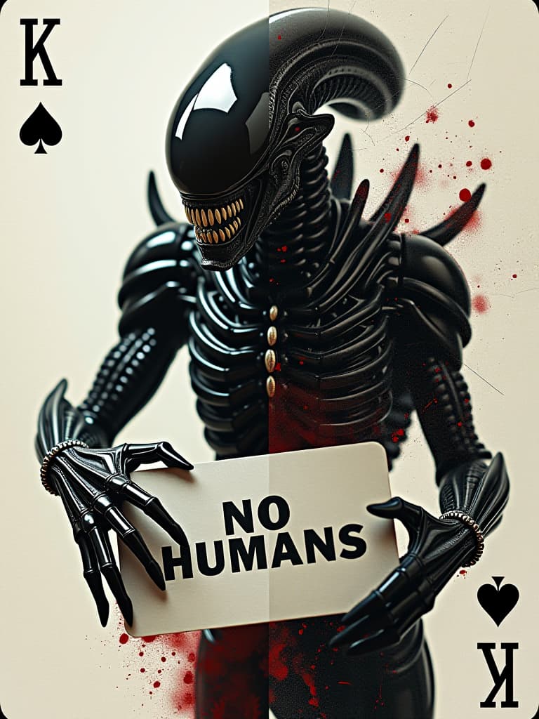  (masterpiece, diptych art:1.4), divided diagonally, (left side:1.2) playing card featuring a menacing xenomorph, designed in the style of h.r. giger, (intricate biomechanical details:1.3), (shiny black exoskeleton:1.2), gripping a sign with bold capital letters “no humans,” (bloody font:1.2), (right side:1.3) double exposure style, surreal blending of textures, layered image effect, dark and moody atmosphere, (shattered glass visual effects:1.2), sharp edges, fractured reflections, photo realistic quality, captivating contrast, eerie vibe, dynamic composition, eyes glinting with menace, intricate details enhancing the depth and surrealism. hyperrealistic, full body, detailed clothing, highly detailed, cinematic lighting, stunningly beautiful, intricate, sharp focus, f/1. 8, 85mm, (centered image composition), (professionally color graded), ((bright soft diffused light)), volumetric fog, trending on instagram, trending on tumblr, HDR 4K, 8K