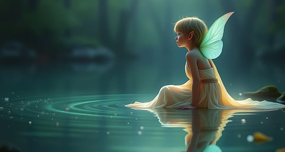  a reflective elf in glowing, flowing attire, gazing into a serene, luminous pond. the calm water reflects his face, symbolizing self love and thoughtful introspection.. the style is digital art illustration,highly detailed, whimsical,magical, dreamlike atmosphere, realism and fantasy blend, smooth, glossy textures,luminous quality, wonder and enchantment.