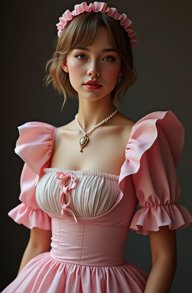  guy 20 years , feminine pink maid dress and peetticoat and coorseet , short hair, realistic, portrait, art by donato giancola and greg rutkowski, realistic face, digital art, trending on artstation hyperrealistic, full body, detailed clothing, highly detailed, cinematic lighting, stunningly beautiful, intricate, sharp focus, f/1. 8, 85mm, (centered image composition), (professionally color graded), ((bright soft diffused light)), volumetric fog, trending on instagram, trending on tumblr, HDR 4K, 8K