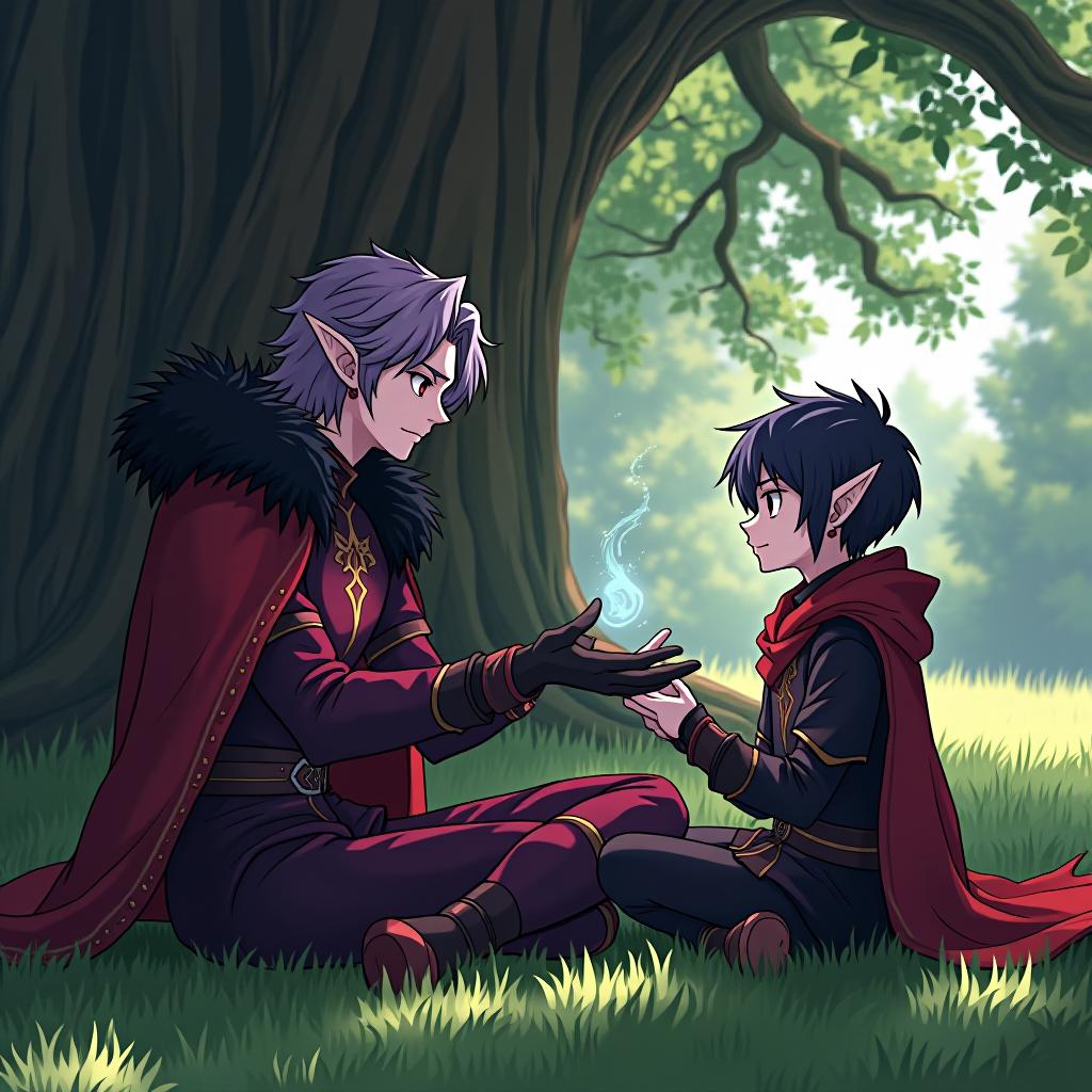  manga style both brothers are sitting on the grass near a large oak tree, ringo is teaching iris magic, demonstrating his magical abilities, and iris is trying to repeat them. a young dark elf warlock named ringo graera wears tight fitting gloves black leather gloves that cover only his palms. the appearance of the dark elf warlock ringo: dark elf is a young dark elf with marble white skin, purple hair with a scarlet tint, pointed tips of ears, lavender eyes with a red tint, dressed in a red purple shirt with red gold embroidery on the shirt, this is over the shirt he wears a dark shirt in the shape of a stem, a scarlet half coat with a fur collar and a hairstyle in the style of disheveled hair. an earring in the right ear in the shape of  hyperrealistic, full body, detailed clothing, highly detailed, cinematic lighting, stunningly beautiful, intricate, sharp focus, f/1. 8, 85mm, (centered image composition), (professionally color graded), ((bright soft diffused light)), volumetric fog, trending on instagram, trending on tumblr, HDR 4K, 8K