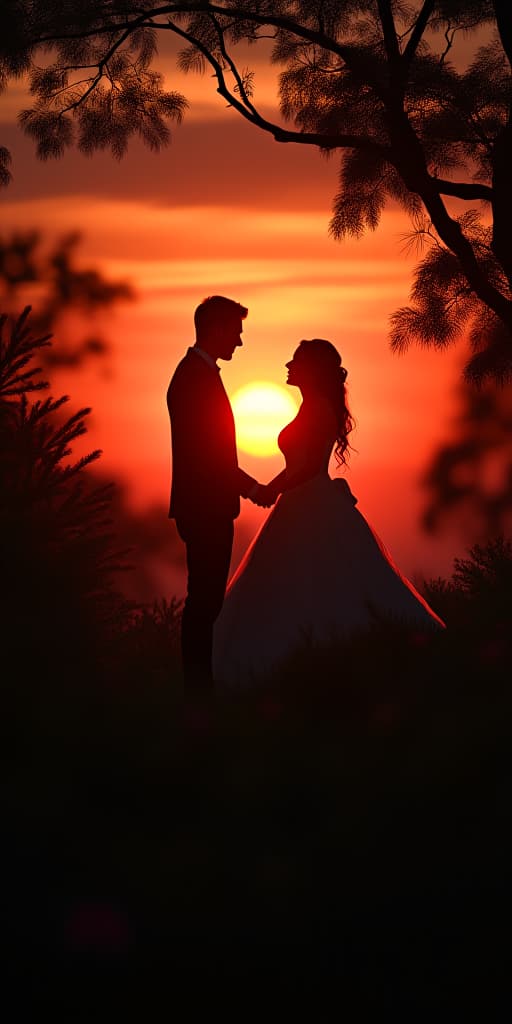  a romantic scene featuring a couple silhouetted against a vibrant sunset, surrounded by lush greenery. perfect for weddings and love themes., high quality, high details, hd, perfect composition, 4k epic detailed, highly detailed, sharp focus, high resolution