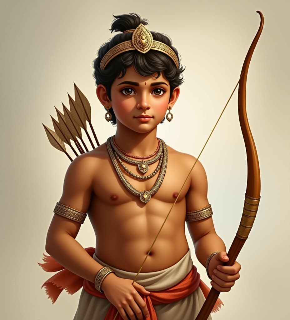  a realistic portrait of young lord ram, depicted as a handsome and graceful prince with a calm and noble demeanor. he has a golden brown complexion, sharp features, and expressive eyes. he wears traditional attire with a dhoti and a simple crown, holding a finely detailed bow and arrow. the background is understated, with soft, natural tones to enhance the realism, emphasizing lord ram's divine yet human qualities.