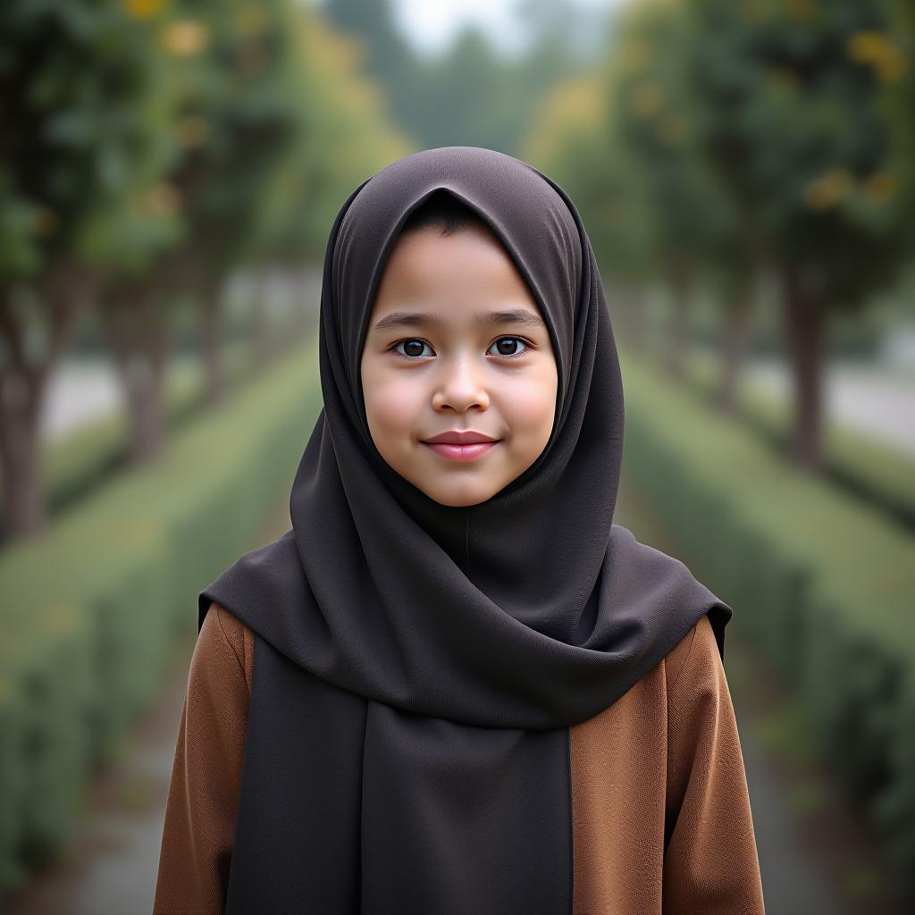  a girl in a hijab without a face in a garden.