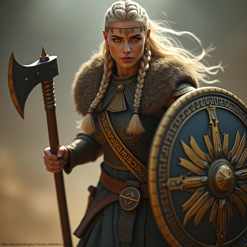  full body digital portrait of a nordic viking queen beserker charging into battle with an axe and shield, detailed face, detailed eyes, perfect face, blonde braids, golden chain armor with egyptic symbols and hieroglyps, highly detailed, ultra realistic, mix of nordic and egyptic cultur, fine brushstrokes, ultra high resolution, extremely sharp, crisp, deluxe, ion, luxor, cinematic lighting, hollywood optic hyperrealistic, full body, detailed clothing, highly detailed, cinematic lighting, stunningly beautiful, intricate, sharp focus, f/1. 8, 85mm, (centered image composition), (professionally color graded), ((bright soft diffused light)), volumetric fog, trending on instagram, trending on tumblr, HDR 4K, 8K