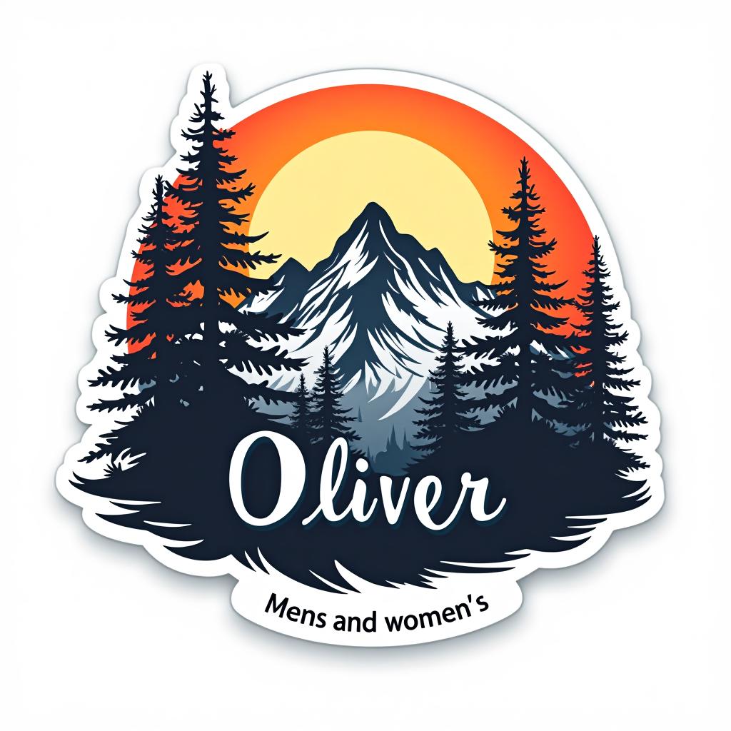  design a logo, design de sticker personnalisé sur un fond blanc isolé avec les mots audacieux ‘oliver’ sur un fond de chaîne de montagnes, et des silhouettes de pins au coucher du soleil, with the text 'men’s and women’s parfum’s '.