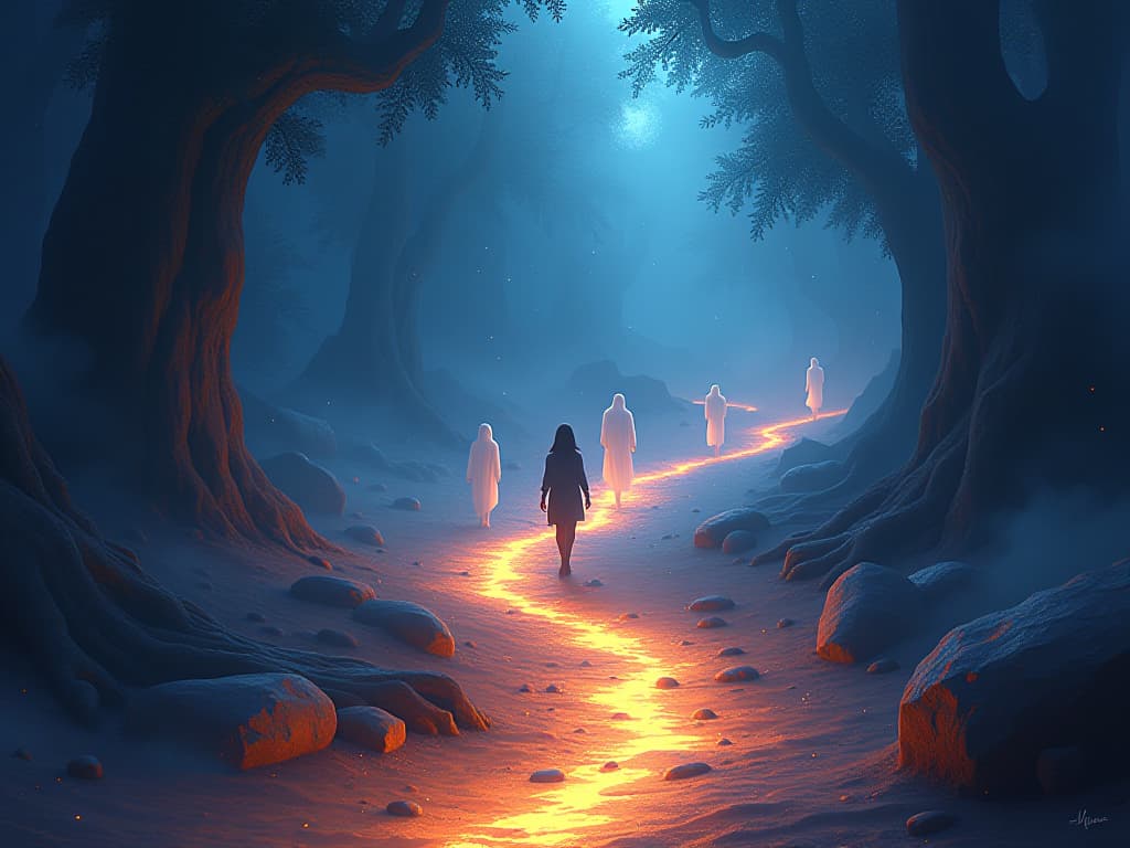  a determined figure stepping forward on a glowing, winding path. ethereal watchers and luminous spirits line the way, each step further illuminating their connection with their soul's deeper journey.. the style is digital art illustration,highly detailed, whimsical,magical, dreamlike atmosphere, realism and fantasy blend, smooth, glossy textures,luminous quality, wonder and enchantment.