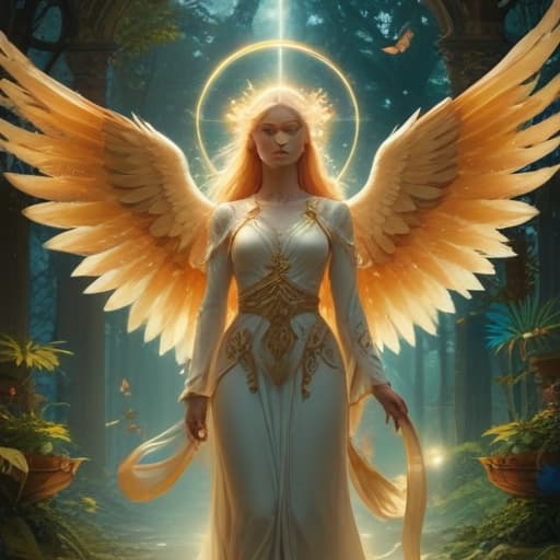 In a serene celestial garden, a majestic angelic figure with flowing golden hair and shimmering wings stands surrounded by a radiant aura of light. The delicate balance of nature is represented by the presence of various mystical creatures and plants. The angelic figure holds a glowing pendulum in one hand, symbolizing its connection to the magical energies of the universe. The air is filled with a sense of peace and power, as if the very essence of light is bending to the will of this divine being. fantastical creatures or characters inspired by mythology, folklore, or popular culture. use vibrant colors, sharp lines, intricate details, dynamic poses, dramatic lighting, atmospheric backgrounds, and blend anime, manga, and Western comic inf