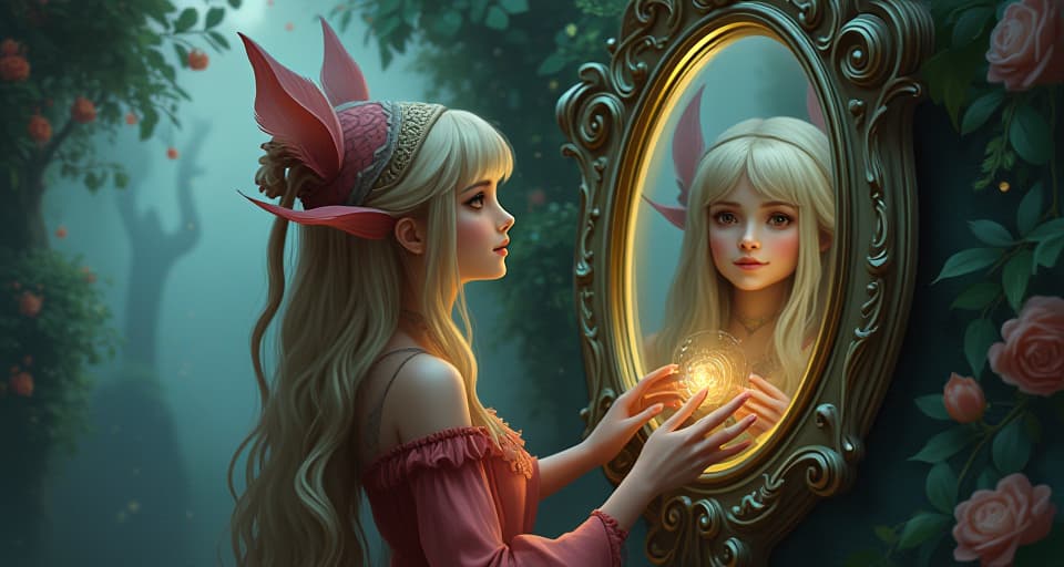  a mystical being with a knowing smile, standing beside an ornate mirror reflecting a polished yet deceptive image. enchanted garden, symbolism of hidden truths.. the style is digital art illustration,highly detailed, whimsical,magical, dreamlike atmosphere, realism and fantasy blend, smooth, glossy textures,luminous quality, wonder and enchantment.