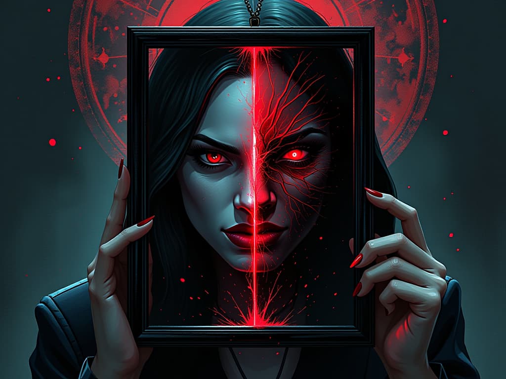  person holding up an illusionary mirror showing both shattered dreams and cold truth, dueling images reflecting inner conflict. the style is digital art illustration / modern comic book / graphic dark novel fantasy and mysterious occult, symbolic, moody lighting, esoteric vibe,high detail on character design. for the color scheme emphasize blacks and reds.