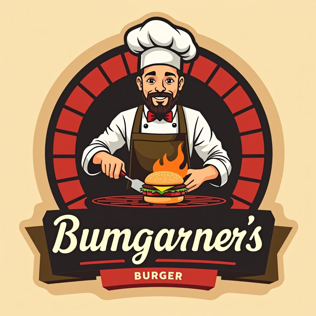  one guy cooking on a grill bumgarner’s burgers, (logo), tasty, fresh, gourmet, culinary, chef hat, utensils, warm colors, elegant script, inviting, delicious