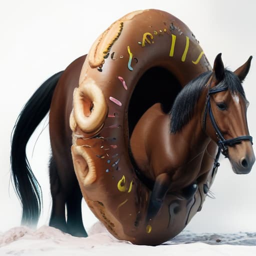 a horse is stuck in a giant donut hyperrealistic, full body, detailed clothing, highly detailed, cinematic lighting, stunningly beautiful, intricate, sharp focus, f/1. 8, 85mm, (centered image composition), (professionally color graded), ((bright soft diffused light)), volumetric fog, trending on instagram, trending on tumblr, HDR 4K, 8K