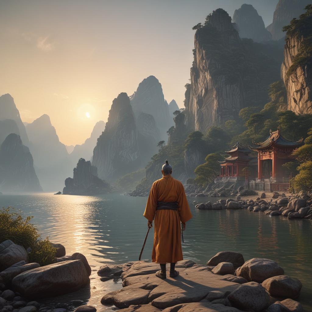 ((masterpiece)),(((best quality))), 8k, high detailed, ultra detailed, A religious Taoist exploring the Chetian Bay, traveling, temples, mountains, ocean, sunset hyperrealistic, full body, detailed clothing, highly detailed, cinematic lighting, stunningly beautiful, intricate, sharp focus, f/1. 8, 85mm, (centered image composition), (professionally color graded), ((bright soft diffused light)), volumetric fog, trending on instagram, trending on tumblr, HDR 4K, 8K