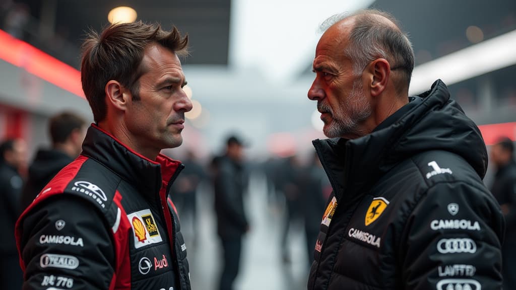  prompt: create an ultra detailed and hyper realistic image of a dramatic behind the scenes moment from a dtm race in spielberg. the scene captures a tense interaction between kelvin van der linde, representing abt audi, and mirko bortolotti, representing lamborghini. van der linde, visibly frustrated, stands in the foreground, his expression a mix of disbelief and annoyance as he reacts to bortolotti's controversial comments on the balance of performance. bortolotti, in the background, exudes co