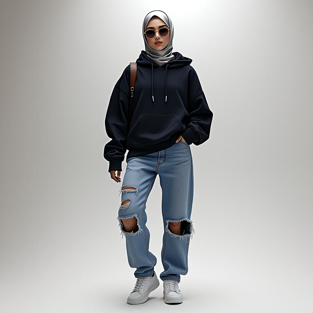  "create a modern street style hijab outfit with an oversized black hoodie and a satin hijab in a contrasting silver, styled in a simple wrap around the head and neck. pair the hoodie with high waisted baggy jeans and chunky white sneakers. add accessories like a small leather backpack and sunglasses for a trendy, urban look suitable for everyday wear."  hyperrealistic, full body, detailed clothing, highly detailed, cinematic lighting, stunningly beautiful, intricate, sharp focus, f/1. 8, 85mm, (centered image composition), (professionally color graded), ((bright soft diffused light)), volumetric fog, trending on instagram, trending on tumblr, HDR 4K, 8K