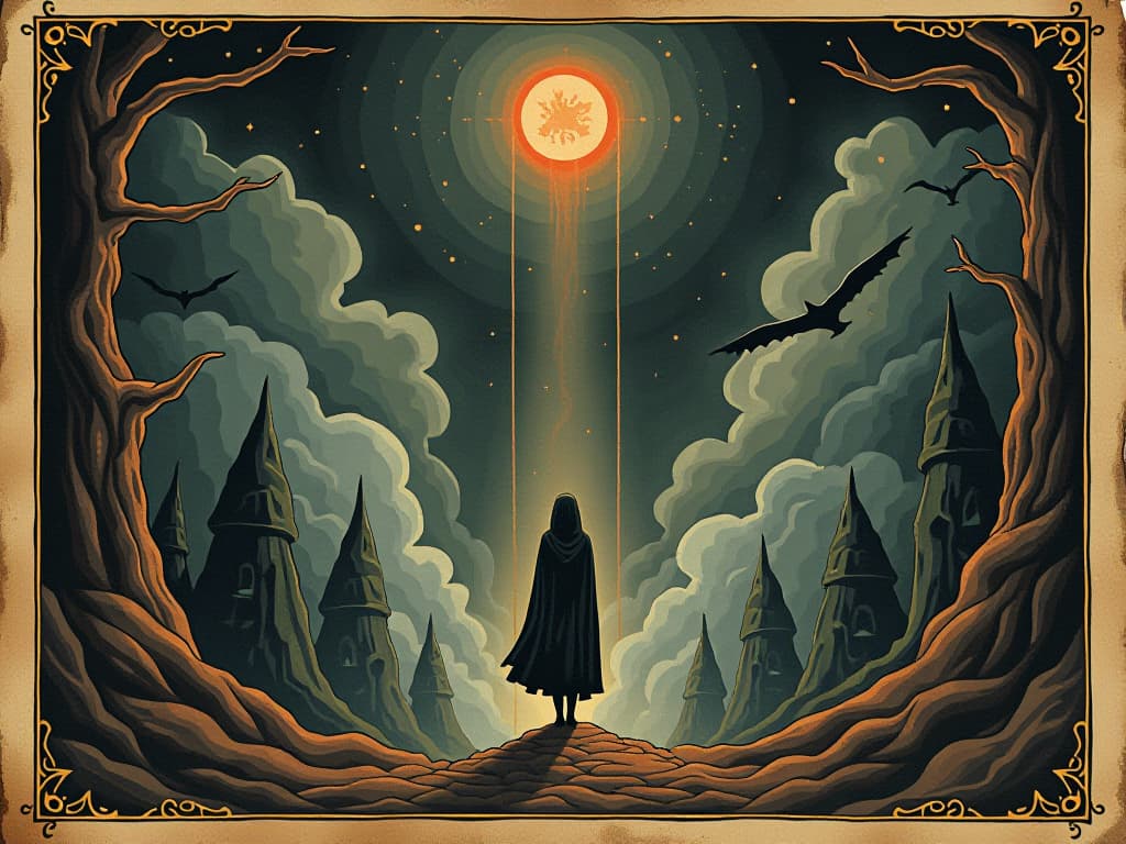  mythological journey, various mystical realms, soul traveling through, evocative and symbolic. an illustration in the style of a worn, mystical old tarot trump card, mysterious and elements of surrealism. the colors are muted, somber and eerie, but with contrast bring out an occult and esoteric vibe.