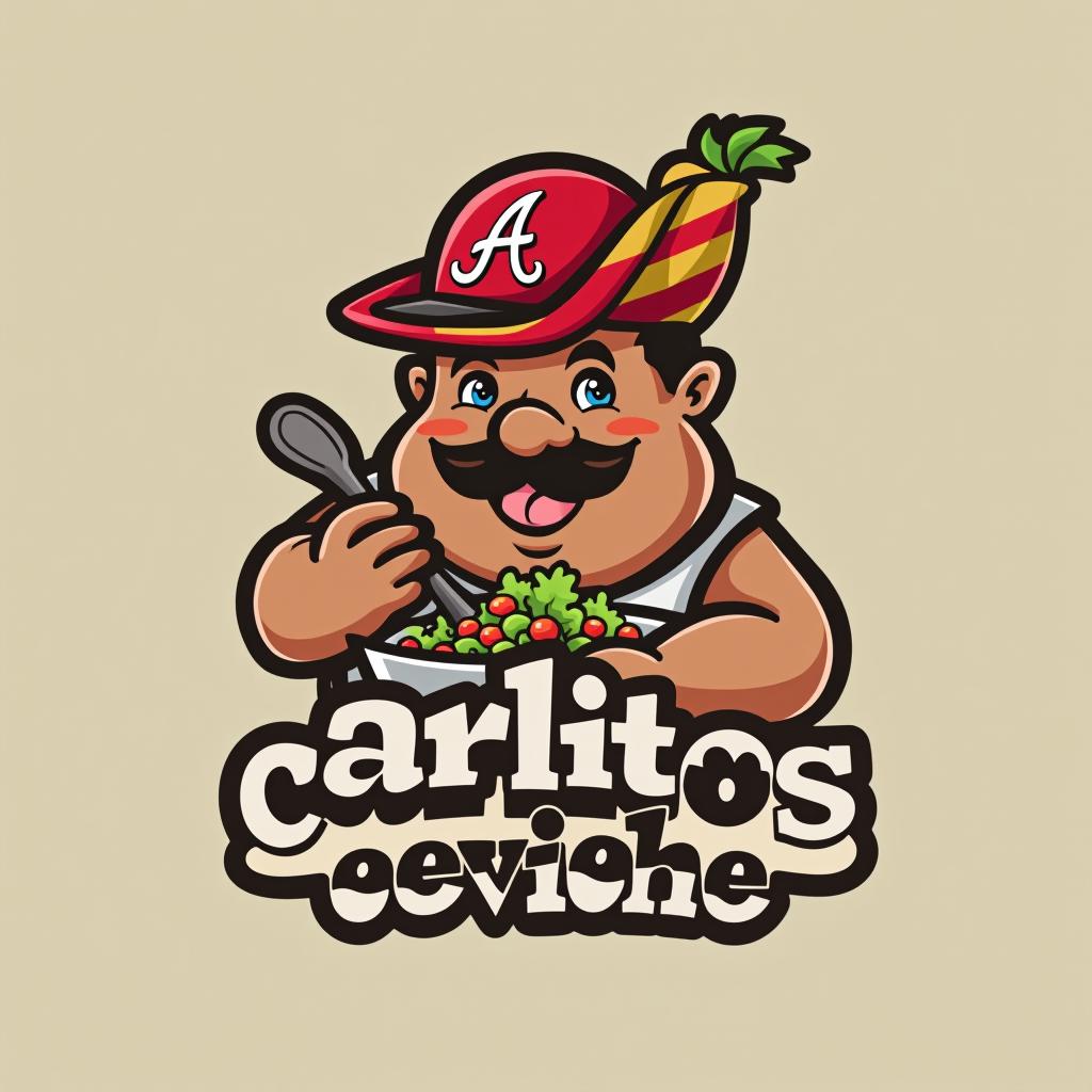  design a logo, chubby mexican with bowl of ceviche wearing an atlanta braves hat , with the text 'carlitos ceviche '.