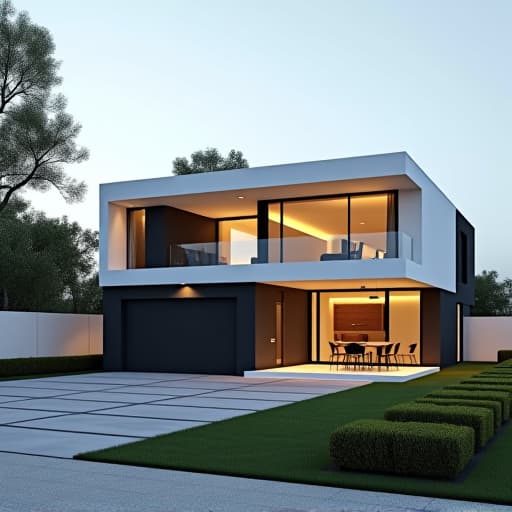  visualize a sleek and modern house exterior showcasing the essence of minimalism. the design should feature clean lines, simple geometric shapes, and a limited color palette. emphasize the balance between functionality, simplicity, and elegance in the overall look of the house.