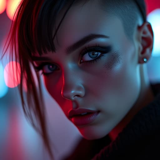  ultra realistic close up portrait ((beautiful pale cyberpunk female with heavy black eyeliner)), blue eyes, shaved side haircut, hyper detail, cinematic lighting, magic neon, dark red city, canon eos r3, nikon, f/1.4, iso 200, 1/160s, 8k, raw, unedited, symmetrical balance, in frame, 8k hyperrealistic, full body, detailed clothing, highly detailed, cinematic lighting, stunningly beautiful, intricate, sharp focus, f/1. 8, 85mm, (centered image composition), (professionally color graded), ((bright soft diffused light)), volumetric fog, trending on instagram, trending on tumblr, HDR 4K, 8K