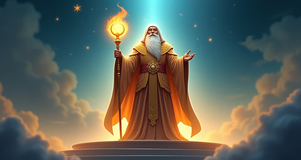  noble, wise sage, in glowing, elaborate attire holding a luminescent staff; standing on a celestial platform illuminated by soft, radiant light, projecting strength and insightful presence.. the style is digital art illustration,highly detailed, whimsical,magical, dreamlike atmosphere, realism and fantasy blend, smooth, glossy textures,luminous quality, wonder and enchantment.