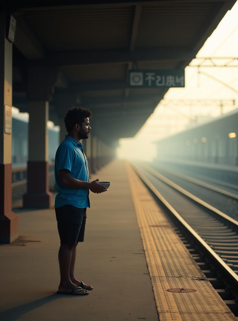  a scene from a emmy winner feature film called "hunger". location and scene: empty indian railway platform, chennai, early morning camera: medium shot from across the railway tract action: a small indian "arjunkumarwalia" with short curly hair, weaing blue shirt and black shorts is standing with a bowl waiting for the train, high quality, high details, hd, perfect composition, 4k epic detailed, highly detailed, sharp focus, high resolution