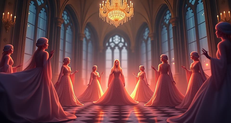  a mystical ballroom, filled with radiant beings dressed in elaborate, glowing robes. their laughter echoes hollow and lack warmth, creating an unsettling contrast within the otherwise magical setting.. the style is digital art illustration,highly detailed, whimsical,magical, dreamlike atmosphere, realism and fantasy blend, smooth, glossy textures,luminous quality, wonder and enchantment.