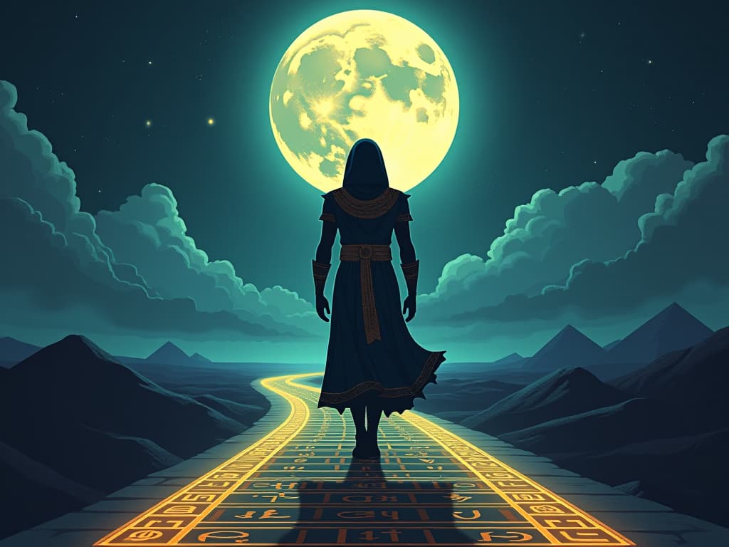  full moon casting ethereal light on a hieroglyphic inscribed path, symbolizing divine guidance. the style is digital art illustration / modern comic book / mysterious occult, symbolic, esoteric vibe,high detail on character design, incorporating ancient egyptian symbology and attire.