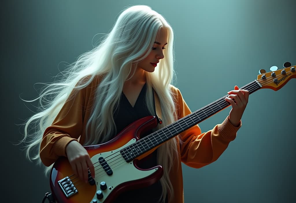  hyperrealistic art pretty girl with long white hair playing bass guitar . extremely high resolution details, photographic, realism pushed to extreme, fine texture, incredibly lifelike hyperrealistic, full body, detailed clothing, highly detailed, cinematic lighting, stunningly beautiful, intricate, sharp focus, f/1. 8, 85mm, (centered image composition), (professionally color graded), ((bright soft diffused light)), volumetric fog, trending on instagram, trending on tumblr, HDR 4K, 8K