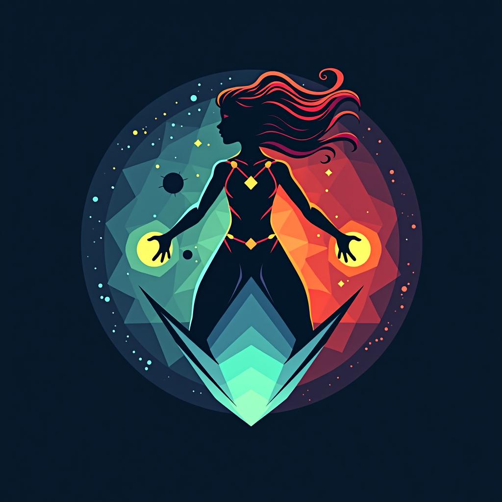  a girl who can control all the elements in the universe, (logo), clean, contemporary, bold, minimalist, geometric shapes, sans serif font, bright colors, dynamic, innovative