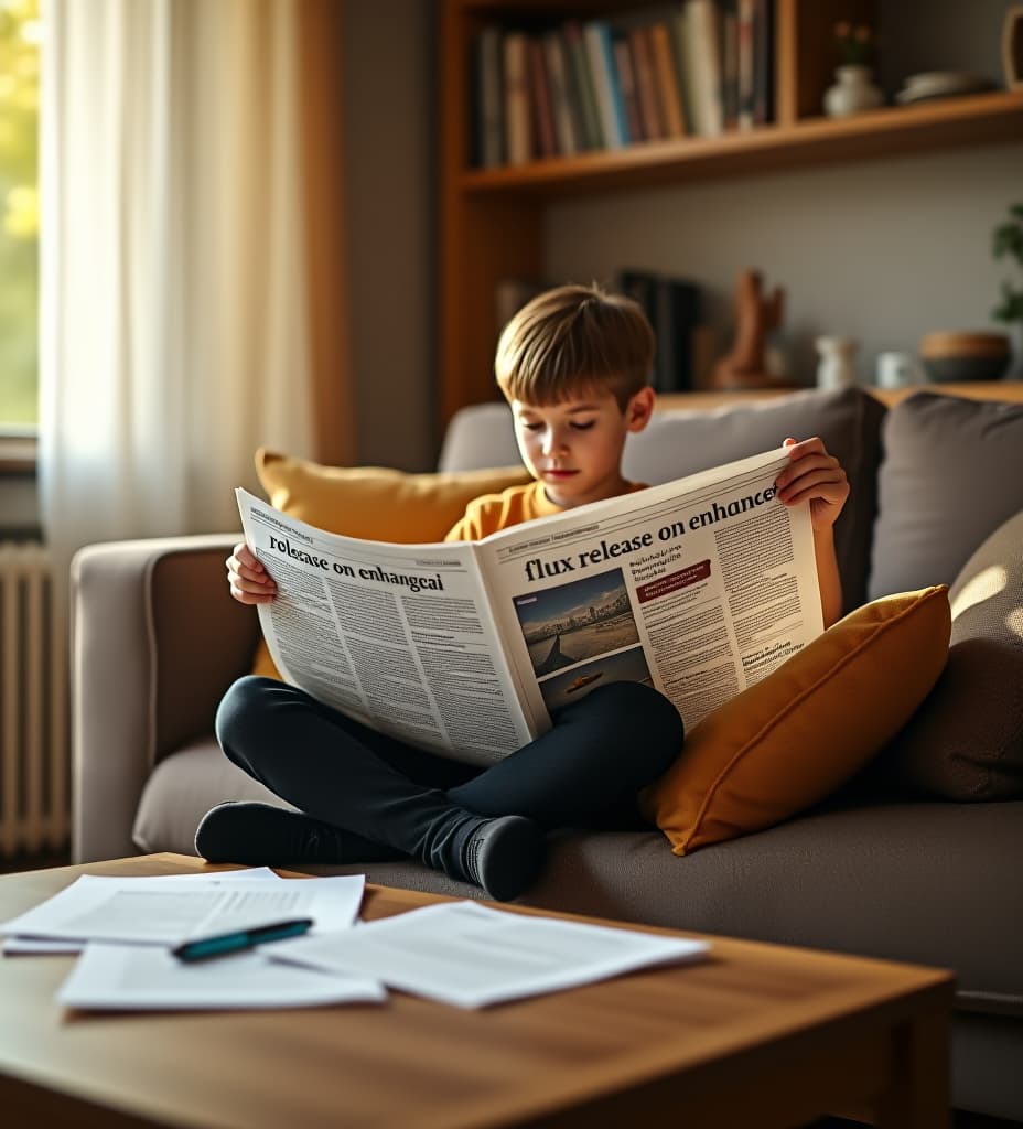  a young boy engrossed in reading a newspaper. the newspaper's headline reads 'flux release on enhanceai'. the setting is a cozy living room with a soft morning light filtering through the window. the boy is sitting comfortably on a couch, with a few scattered papers around, and a coffee table nearby