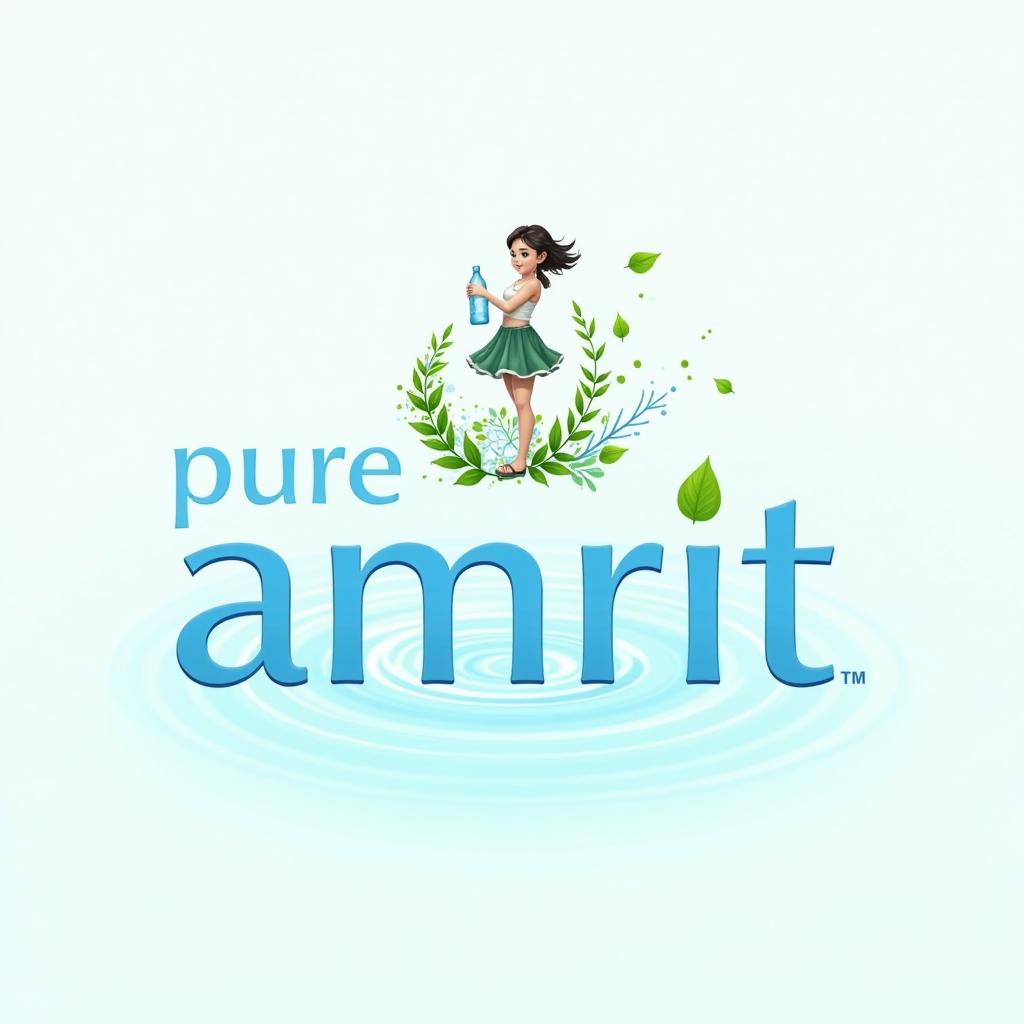  design a logo for a mineral water brand named 'pure amrit.' the logo should feature the text 'pure amrit' in an indian anime style font. above the text, include a small anime character of an indian girl, representing hydration and freshness, perhaps holding a water bottle. use a color palette of calming blues and greens to evoke a refreshing feel, with a transparent background for versatility., high quality, high details, hd, perfect composition, 4k epic detailed, highly detailed, sharp focus, high resolution