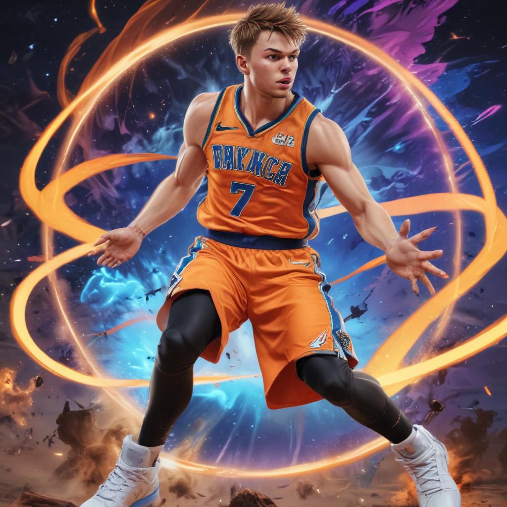 distance-shot, flashy, full-body, dynamic, holographic, animated cartoon poster of luka doncic in the style of dragon ball super