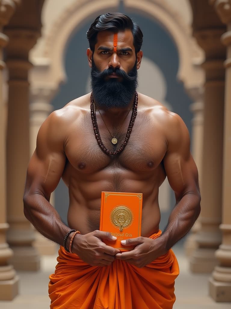  the image features indian man, shirtless, showcasing his muscular physiques. the man is wearing a dhoti and hindu outfit and showing holding orange bhagwat gita book, tilak, temple background, portrait size hyperrealistic, full body, detailed clothing, highly detailed, cinematic lighting, stunningly beautiful, intricate, sharp focus, f/1. 8, 85mm, (centered image composition), (professionally color graded), ((bright soft diffused light)), volumetric fog, trending on instagram, trending on tumblr, HDR 4K, 8K