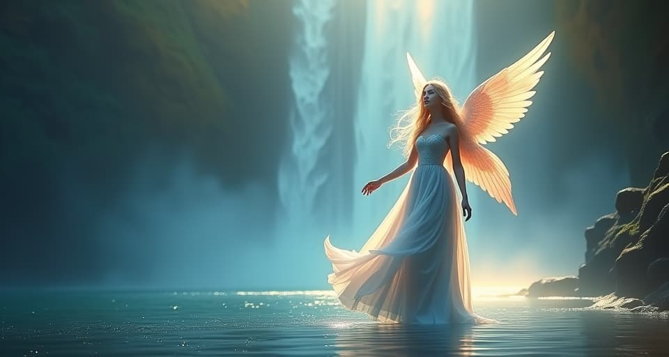  angelic being with floral wings, standing at the edge of a luminous waterfall. her translucent gown shimmering, surrounded by a serene, bright atmosphere, resilient, hopeful, ethereal.. the style is digital art illustration,highly detailed, whimsical,magical, dreamlike atmosphere, realism and fantasy blend, smooth, glossy textures,luminous quality, wonder and enchantment.