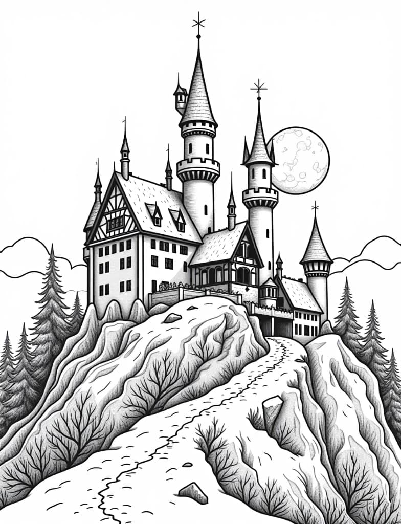  this is for an adult coloring page. a detailed black and white line art of a snowy snow covered castle on a hill with a full moon in the background on a solid white background.