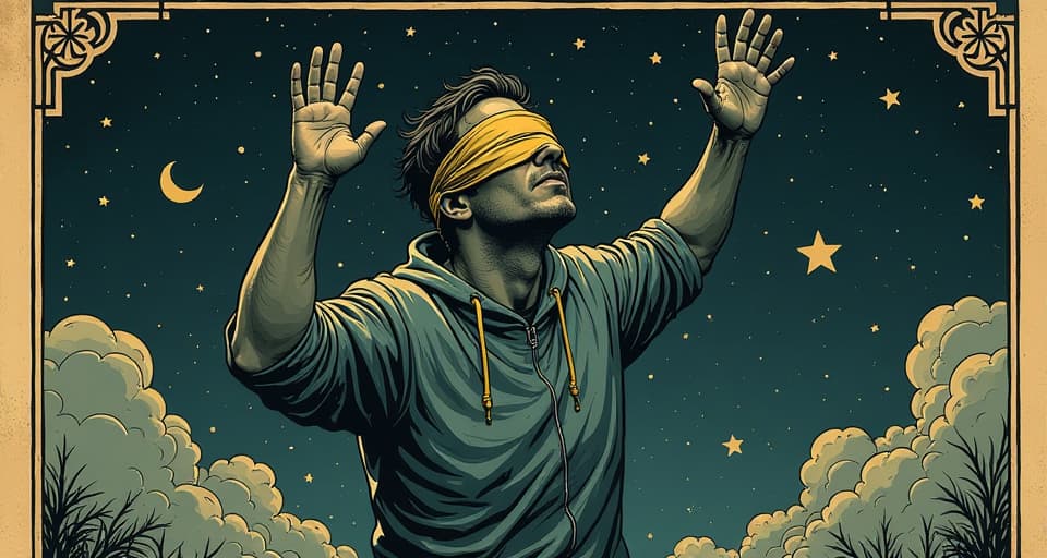  a blindfolded figure grasping at the air, night time surroundings, stars in the background, sense of confusion and lost opportunity. an illustration in the style of a worn, mystical old tarot trump card, mysterious and elements of surrealism. the colors are muted, somber and eerie, but with contrast bring out an occult and esoteric vibe.