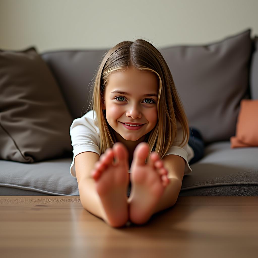  tween girl lying on sofa with bare feet on table.