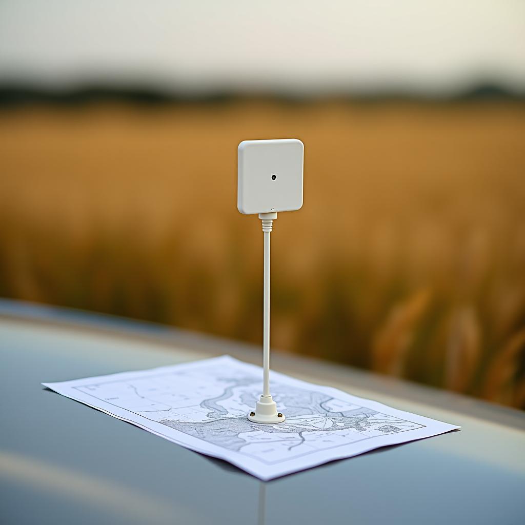  a geodetic square white antenna on the car hood in a wheat field, with a paper map lying nearby.