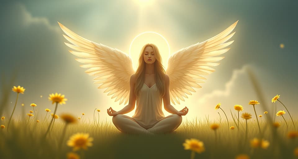  an ethereal angel surrounded by soft light, meditating on a glowing meadow. the atmosphere is serene and spiritual.. the style is digital art illustration,highly detailed, whimsical,magical, dreamlike atmosphere, realism and fantasy blend, smooth, glossy textures,luminous quality, wonder and enchantment.