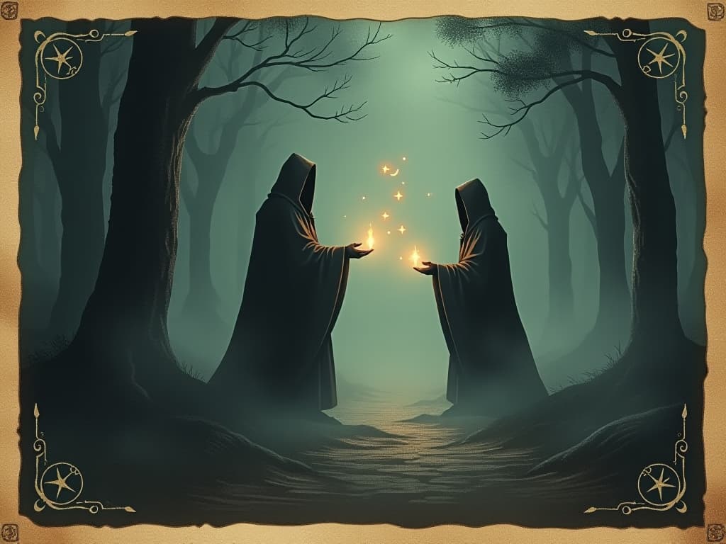  two mysterious robed figures meeting on a mist covered path, faint glowing symbols in the air around them, dark forest setting, aura of ancient magic, mystical, enchanted. an illustration in the style of a worn, mystical old tarot trump card, mysterious and elements of surrealism. the colors are muted, somber and eerie, but with contrast bring out an occult and esoteric vibe.