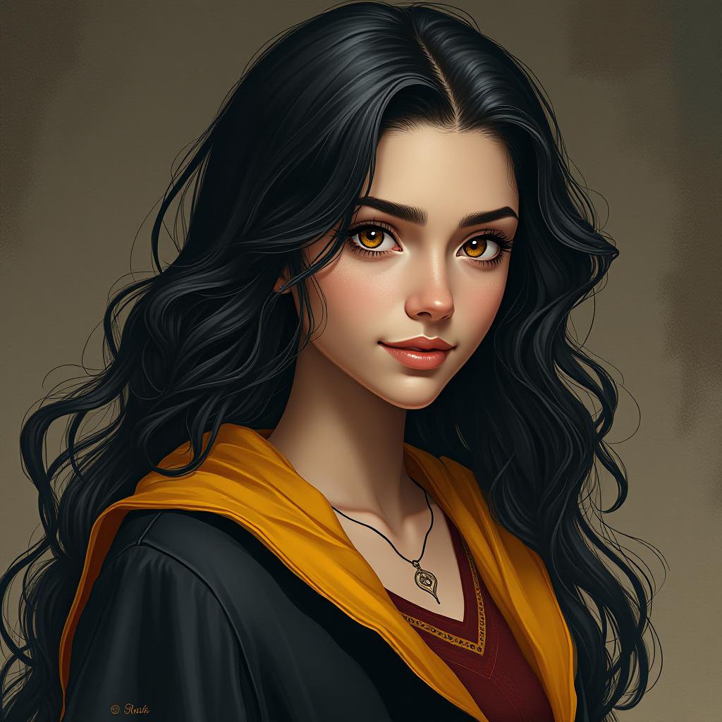  crystal abbott age 18 pureblood hogwarts house : huffle puff (black/yellow/grey) (harry potter style ) hair long black wavy , eyes amber female /chested protronus : swallow, award winning, professional, highly detailed, masterpiece