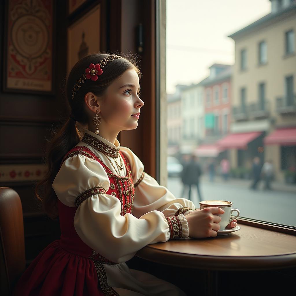  a girl of turkic nationality in a traditional costume is sitting in a coffee shop and enjoying the view from the window. hyperrealistic, full body, detailed clothing, highly detailed, cinematic lighting, stunningly beautiful, intricate, sharp focus, f/1. 8, 85mm, (centered image composition), (professionally color graded), ((bright soft diffused light)), volumetric fog, trending on instagram, trending on tumblr, HDR 4K, 8K