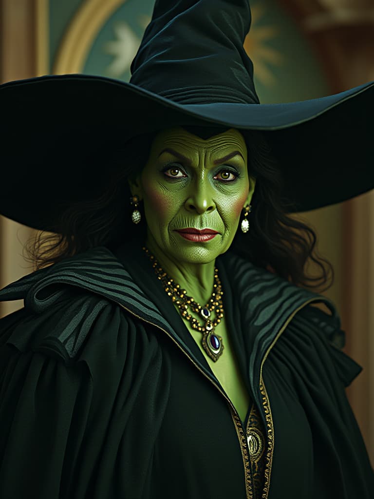  ugly kamala harris as the wicked witch of the west, greenish skin long nose