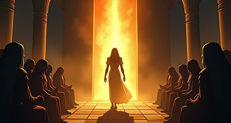  bright, radiant figure breaking through a dark council of elders, symbols of power fading around them, light overcoming shadows. the style is digital art illustration / modern comic book / mysterious occult, symbolic, esoteric vibe,high detail on character design, incorporating ancient egyptian symbology and attire.