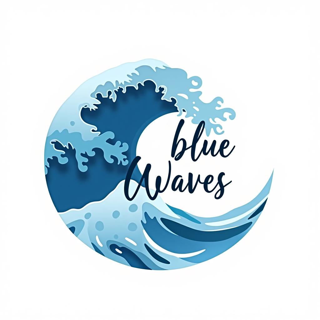  design a logo ; text title should be 'blue waves in santa fe'. logo with a wave, white background, logo style, flat