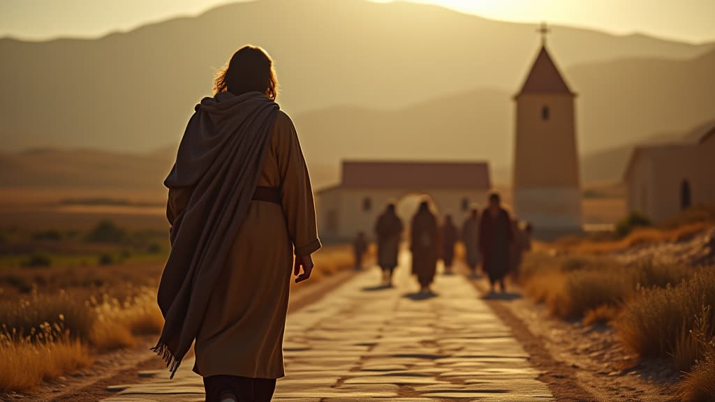  history of biblical times, lot arriving in a small town, symbolizing refuge and the hope for a new beginning. hyperrealistic, full body, detailed clothing, highly detailed, cinematic lighting, stunningly beautiful, intricate, sharp focus, f/1. 8, 85mm, (centered image composition), (professionally color graded), ((bright soft diffused light)), volumetric fog, trending on instagram, trending on tumblr, HDR 4K, 8K