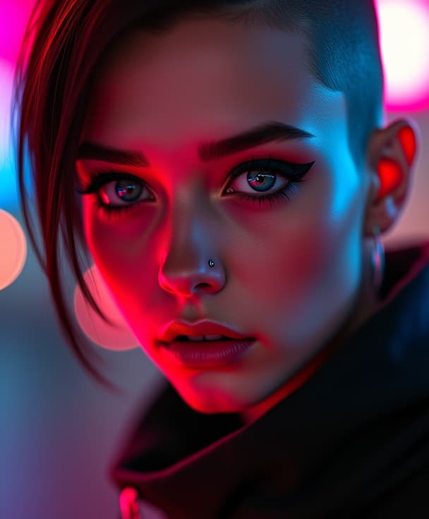  ultra realistic close up portrait ((beautiful pale cyberpunk female with heavy black eyeliner)), blue eyes, shaved side haircut, hyper detail, cinematic lighting, magic neon, dark red city, canon eos r3, nikon, f/1.4, iso 200, 1/160s, 8k, raw, unedited, symmetrical balance, in frame, 8k hyperrealistic, full body, detailed clothing, highly detailed, cinematic lighting, stunningly beautiful, intricate, sharp focus, f/1. 8, 85mm, (centered image composition), (professionally color graded), ((bright soft diffused light)), volumetric fog, trending on instagram, trending on tumblr, HDR 4K, 8K