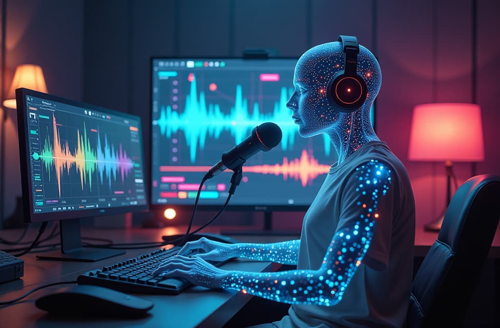  "create a futuristic recording studio where a sleek, holographic interface displays vibrant waveforms and sound frequencies. in the center, a translucent humanoid figure composed of digital data interacts with a microphone, surrounded by glowing screens showcasing diverse digital voices. the atmosphere blends a high tech aesthetic with elements of creativity, featuring colorful lights and abstract sound visuals, symbolizing the synergy between artificial intelligence and voice artistry." hyperrealistic, full body, detailed clothing, highly detailed, cinematic lighting, stunningly beautiful, intricate, sharp focus, f/1. 8, 85mm, (centered image composition), (professionally color graded), ((bright soft diffused light)), volumetric fog, trending on instagram, trending on tumblr, HDR 4K, 8K