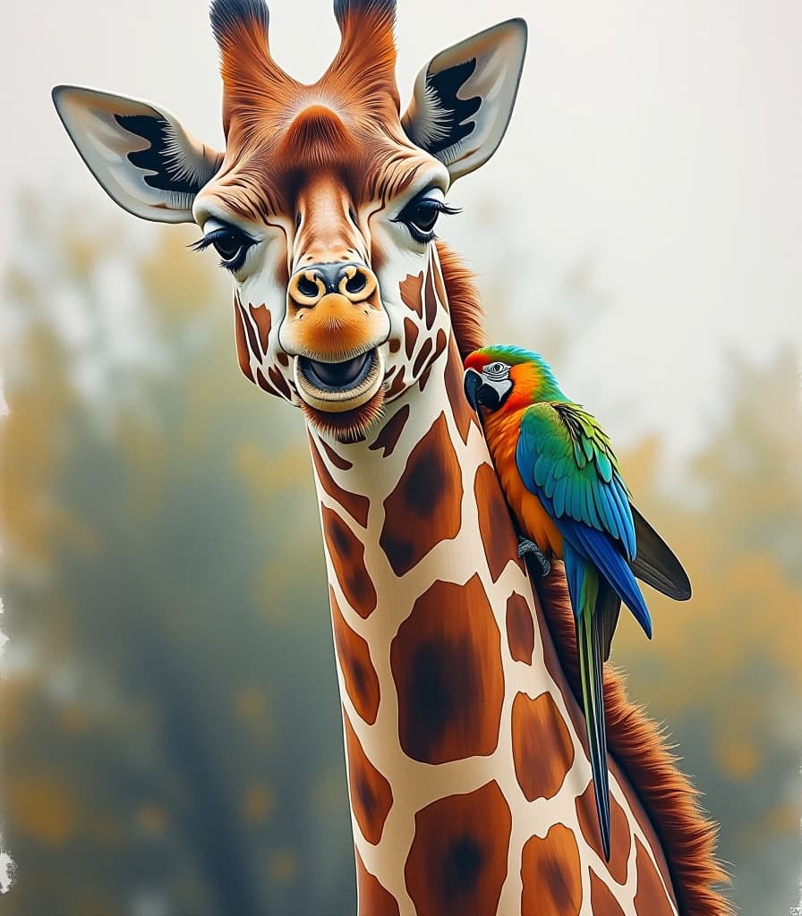  masterpiece. painting. a giraffe with a parrot sitting on it:1.5). intense close up. high detailing of strokes, clarity. watercolor style of sergei andreeyaki. on paper torsion. leaks, spots.:1.5). hyperrealistic, full body, detailed clothing, highly detailed, cinematic lighting, stunningly beautiful, intricate, sharp focus, f/1. 8, 85mm, (centered image composition), (professionally color graded), ((bright soft diffused light)), volumetric fog, trending on instagram, trending on tumblr, HDR 4K, 8K