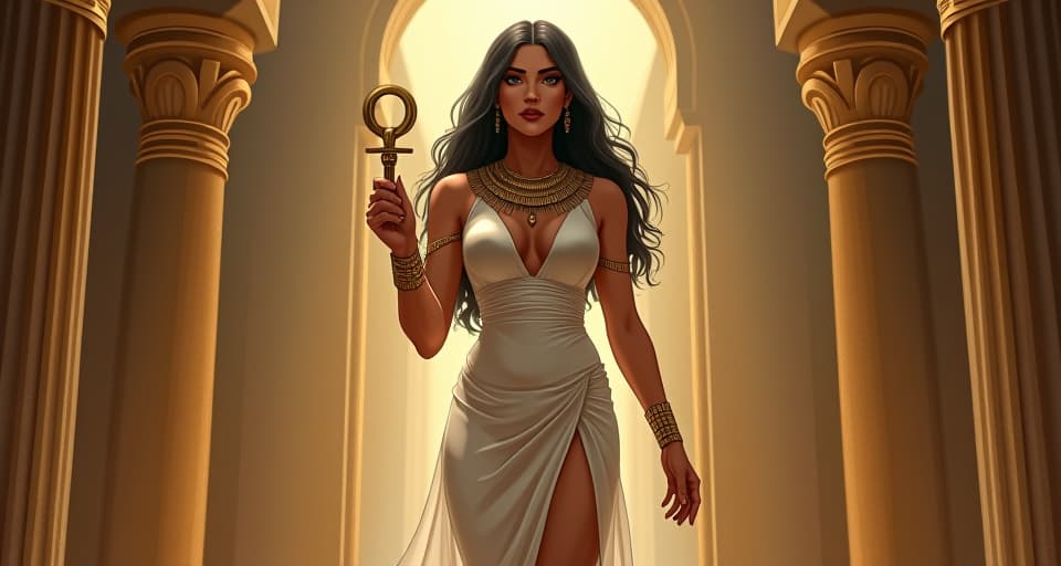  a priestess, large busted and wearing a sheer, form fitting white gown, holding an ankh symbol as she stands before an altar in a temple, expression radiating self worth and validation from within. the style is digital art illustration / modern comic book / mysterious occult, symbolic, esoteric vibe,high detail on character design, incorporating ancient egyptian symbology and attire.